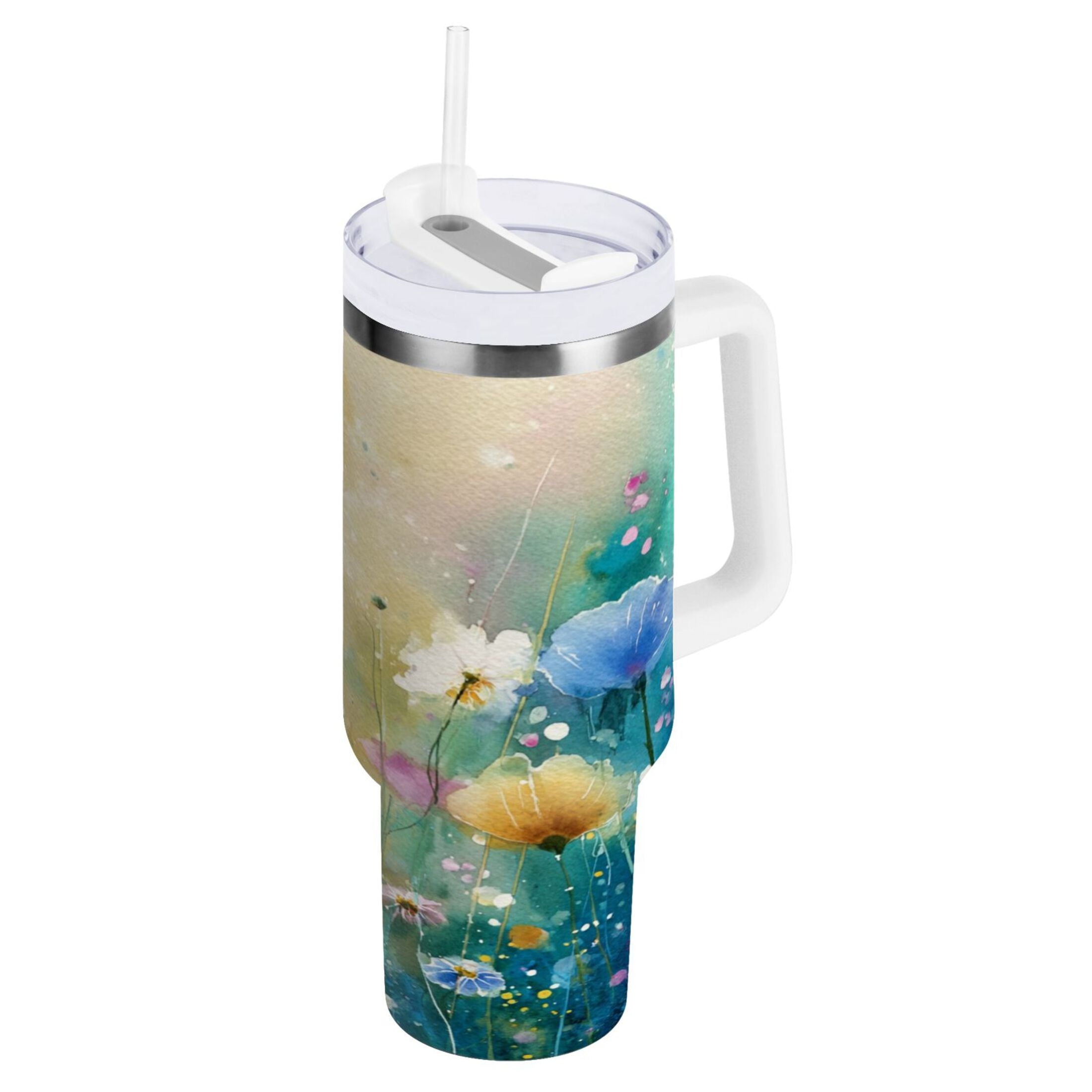 30 oz Insulated Stainless Steel Tumbler Double Wall Stainless Steel Tumbler with 2-Way Drinking Watercolor Wildflowers