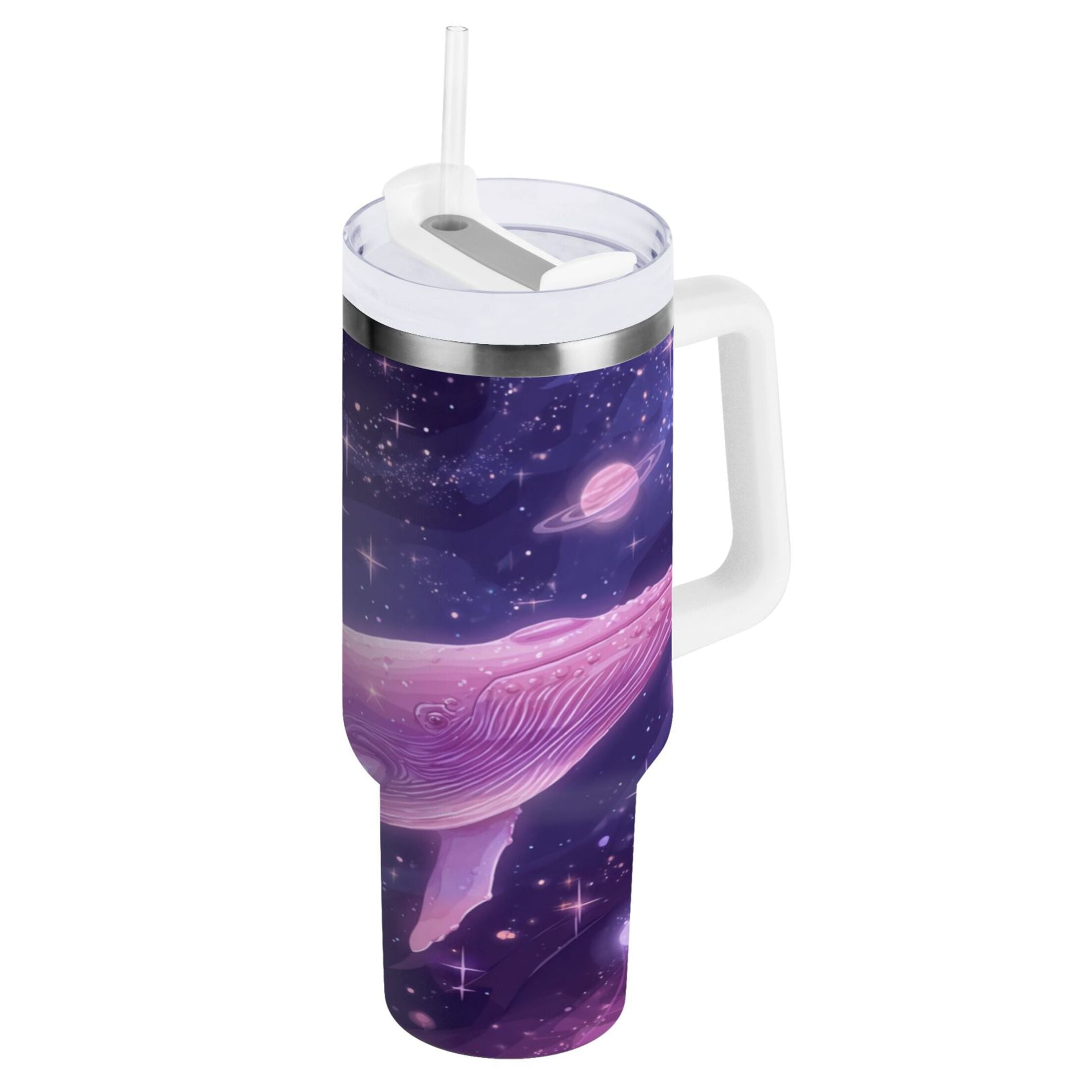 30 oz Insulated Stainless Steel Tumbler Double Wall Stainless Steel Tumbler with 2-Way Drinking Whale in Space