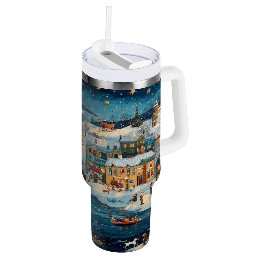 30 oz Insulated Stainless Steel Tumbler Double Wall Stainless Steel Tumbler with 2-Way Drinking Whimsical Christmas Scene