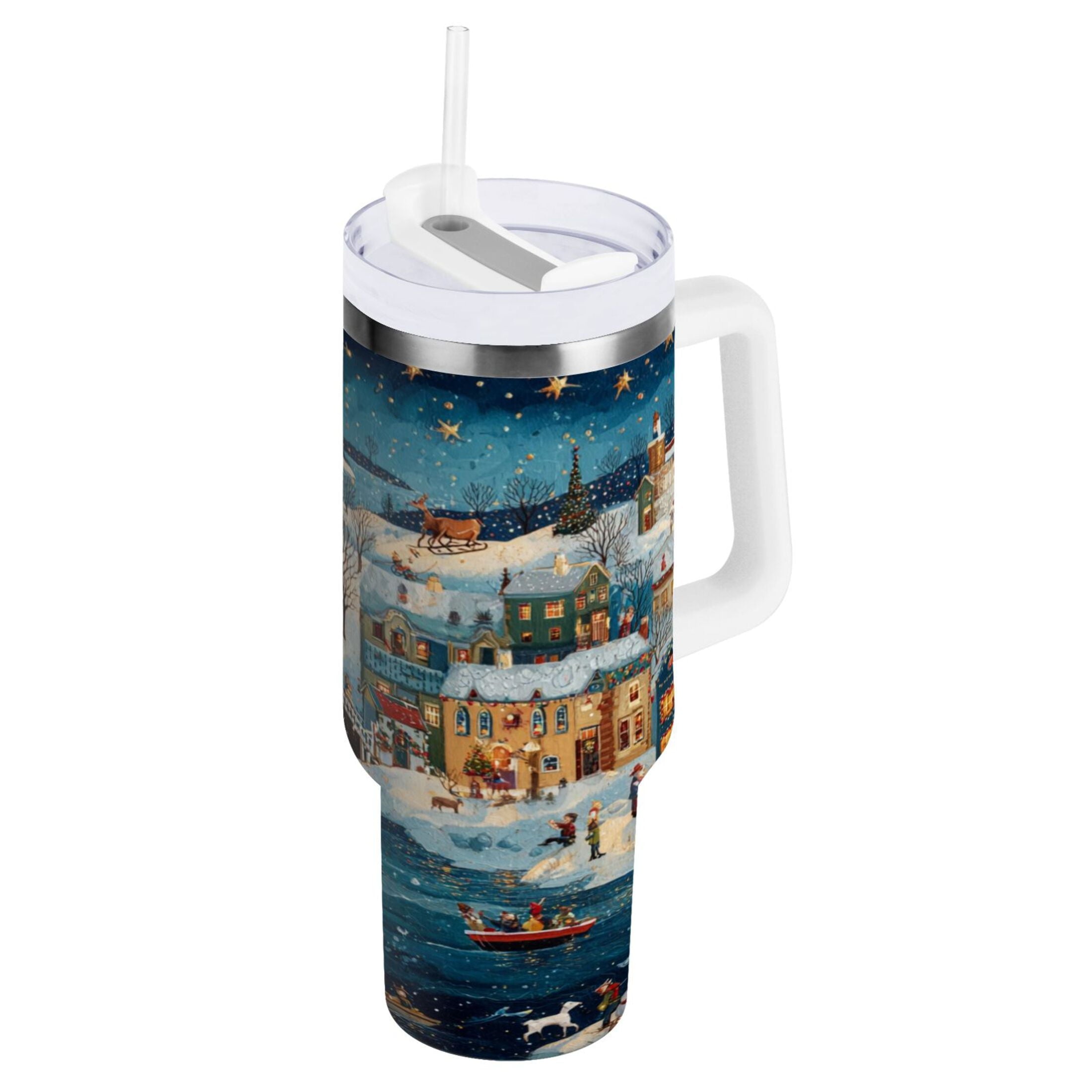 30 oz Insulated Stainless Steel Tumbler Double Wall Stainless Steel Tumbler with 2-Way Drinking Whimsical Christmas Scene