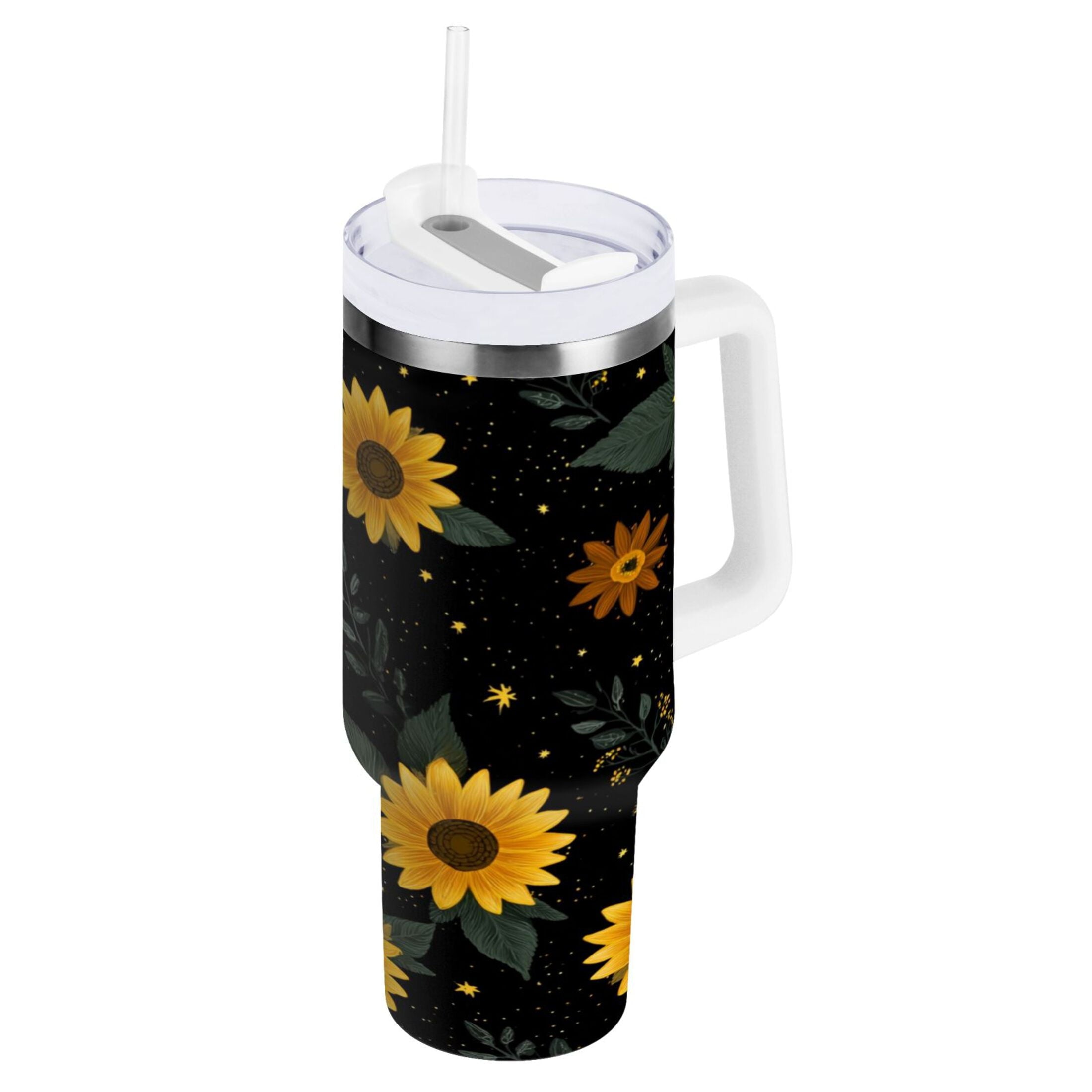 30 oz Insulated Stainless Steel Tumbler Double Wall Stainless Steel Tumbler with 2-Way Drinking Yellow Sunflower Pattern