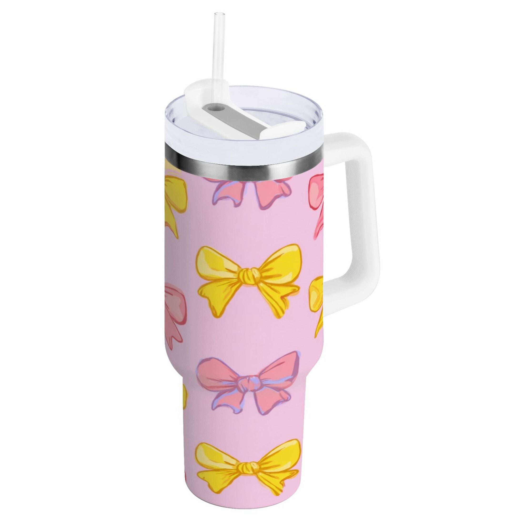 30 oz Insulated Stainless Steel Tumbler Double Wall Stainless Steel Tumbler with 2-Way Drinking Yellow and Pink Bows