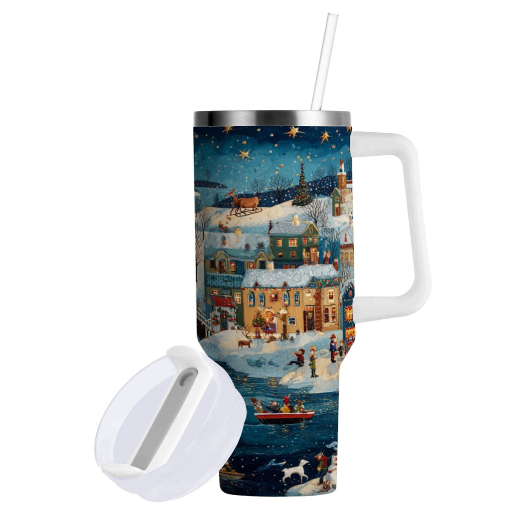 30 oz Insulated Stainless Steel Tumbler Double Wall Stainless Steel Tumbler with 2-Way Drinking Whimsical Christmas Scene