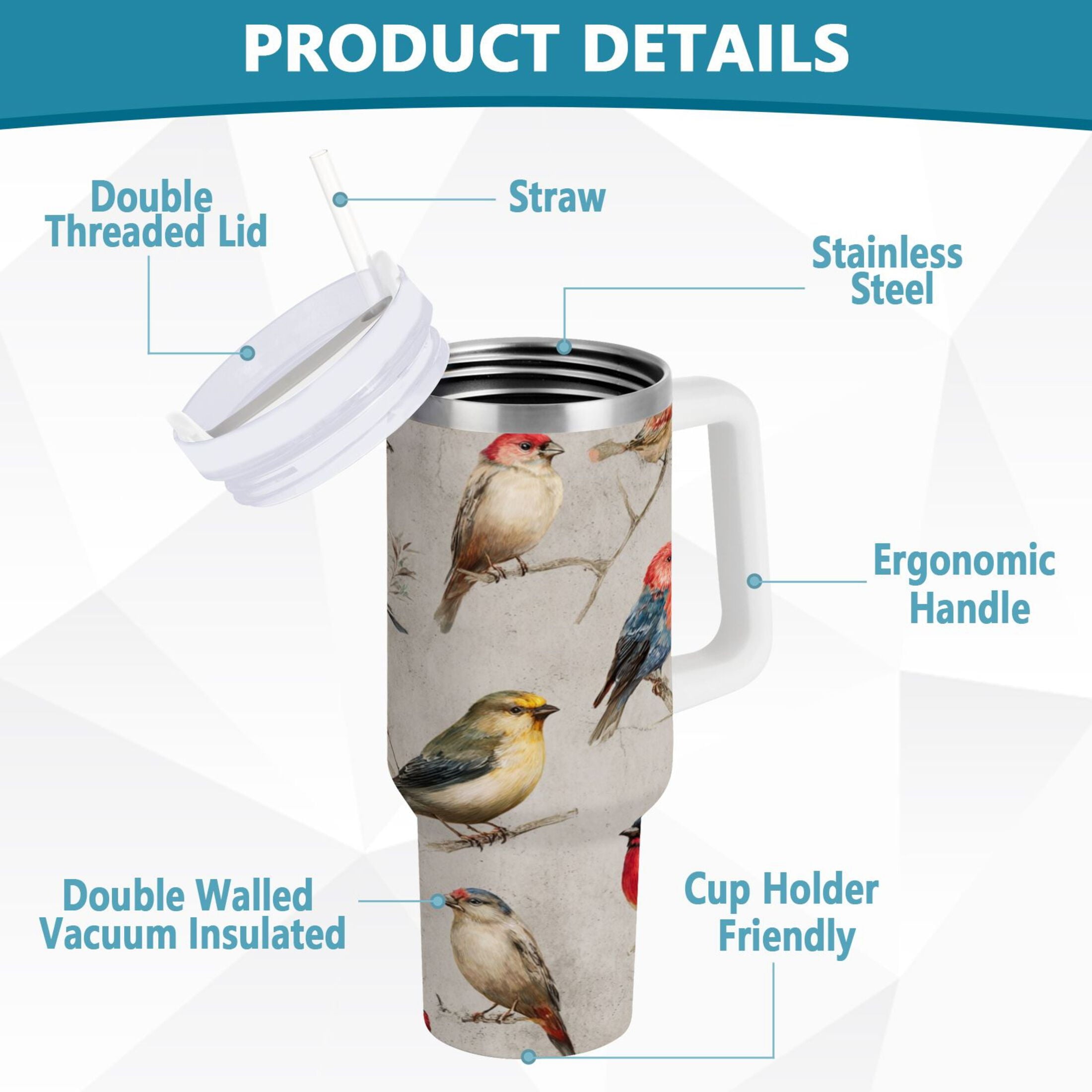 40 oz Insulated Stainless Steel Tumbler Double Wall Stainless Steel Tumbler with 2-Way Drinking Birds Pattern