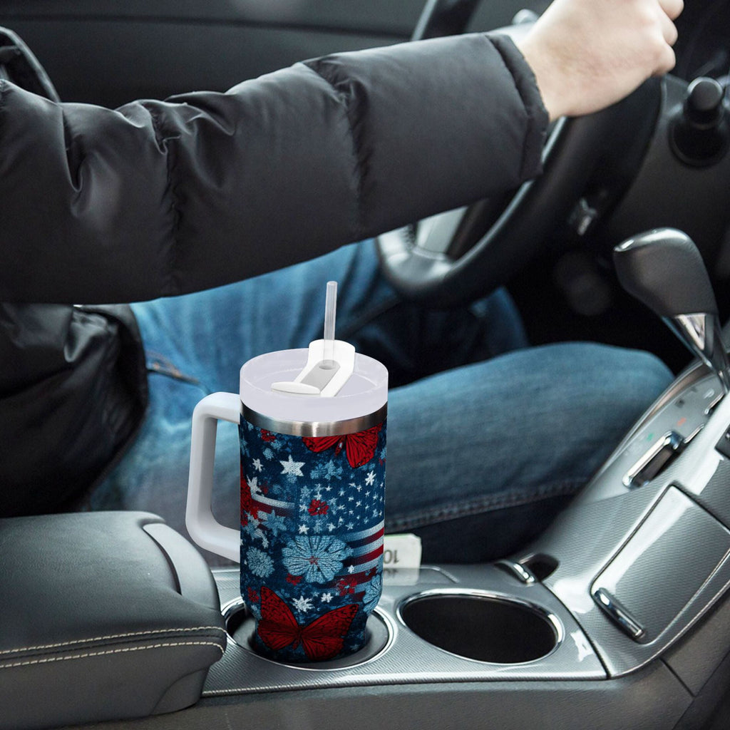 30 oz Insulated Stainless Steel Tumbler Double Wall Stainless Steel Tumbler with 2-Way Drinking Red Butterflies and Flags