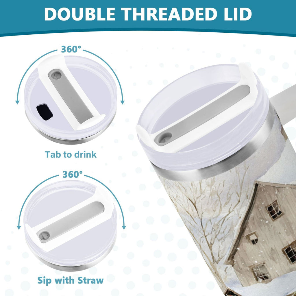 40 oz Insulated Stainless Steel Tumbler Double Wall Stainless Steel Tumbler with 2-Way Drinking Farm Snow Scene