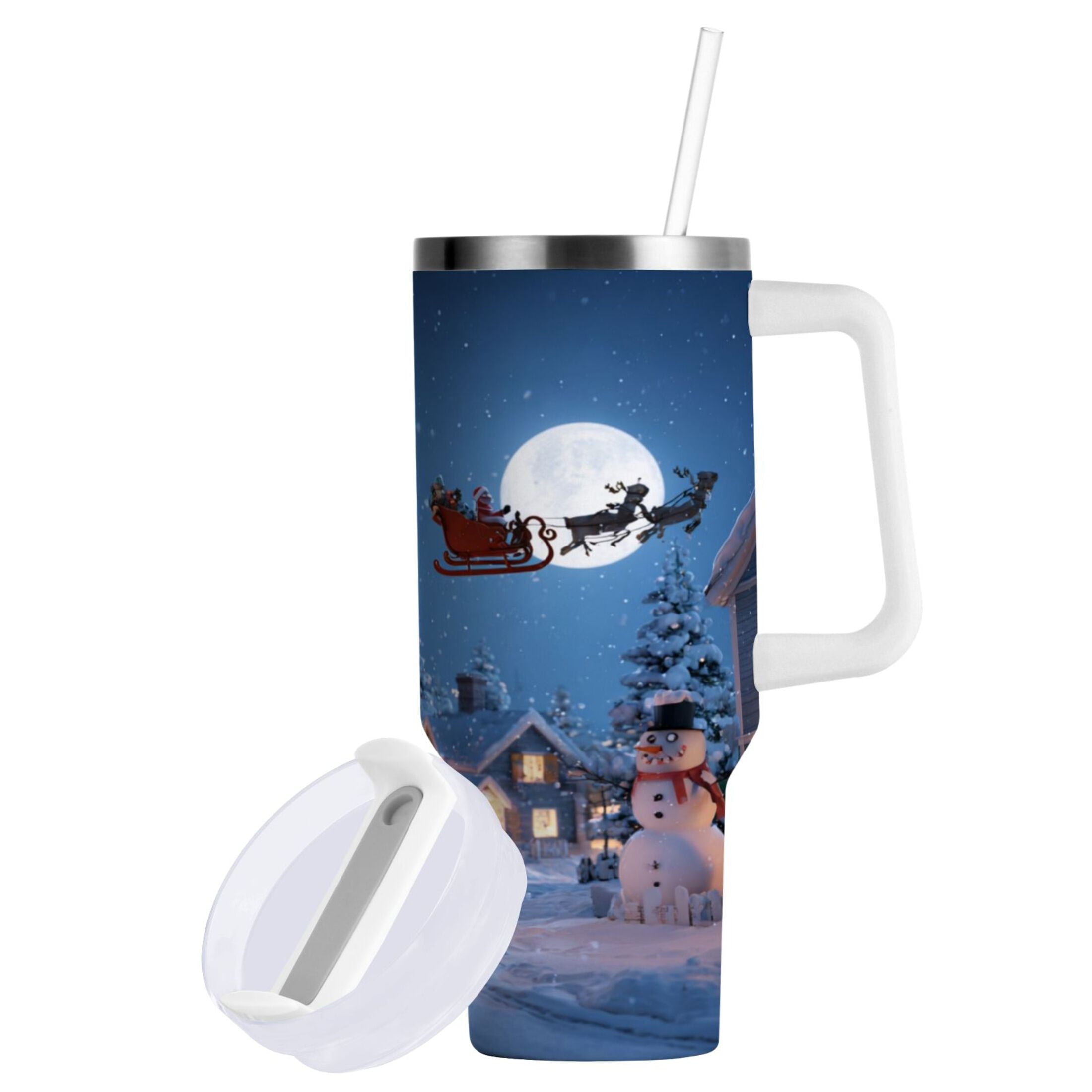 30 oz Insulated Stainless Steel Tumbler Double Wall Stainless Steel Tumbler with 2-Way Drinking Christmas Night Scene