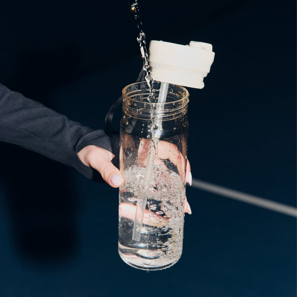 Contigo DualSip Leakproof Plastic Reusable Water Bottle with Carrying Strap, Cream/Clear, 28 oz