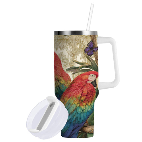 30 oz Insulated Stainless Steel Tumbler Double Wall Stainless Steel Tumbler with 2-Way Drinking Colorful Beautiful Parrots
