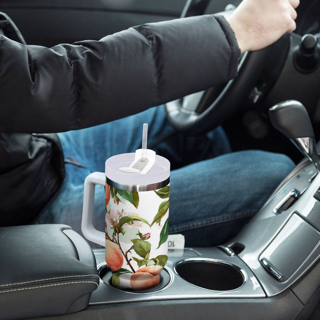 30 oz Insulated Stainless Steel Tumbler Double Wall Stainless Steel Tumbler with 2-Way Drinking Peach Fruit Pattern