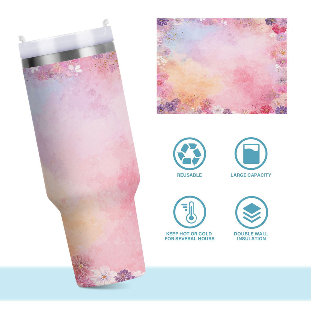 30 oz Insulated Stainless Steel Tumbler Double Wall Stainless Steel Tumbler with 2-Way Drinking Colorful Pastel Floral Pattern
