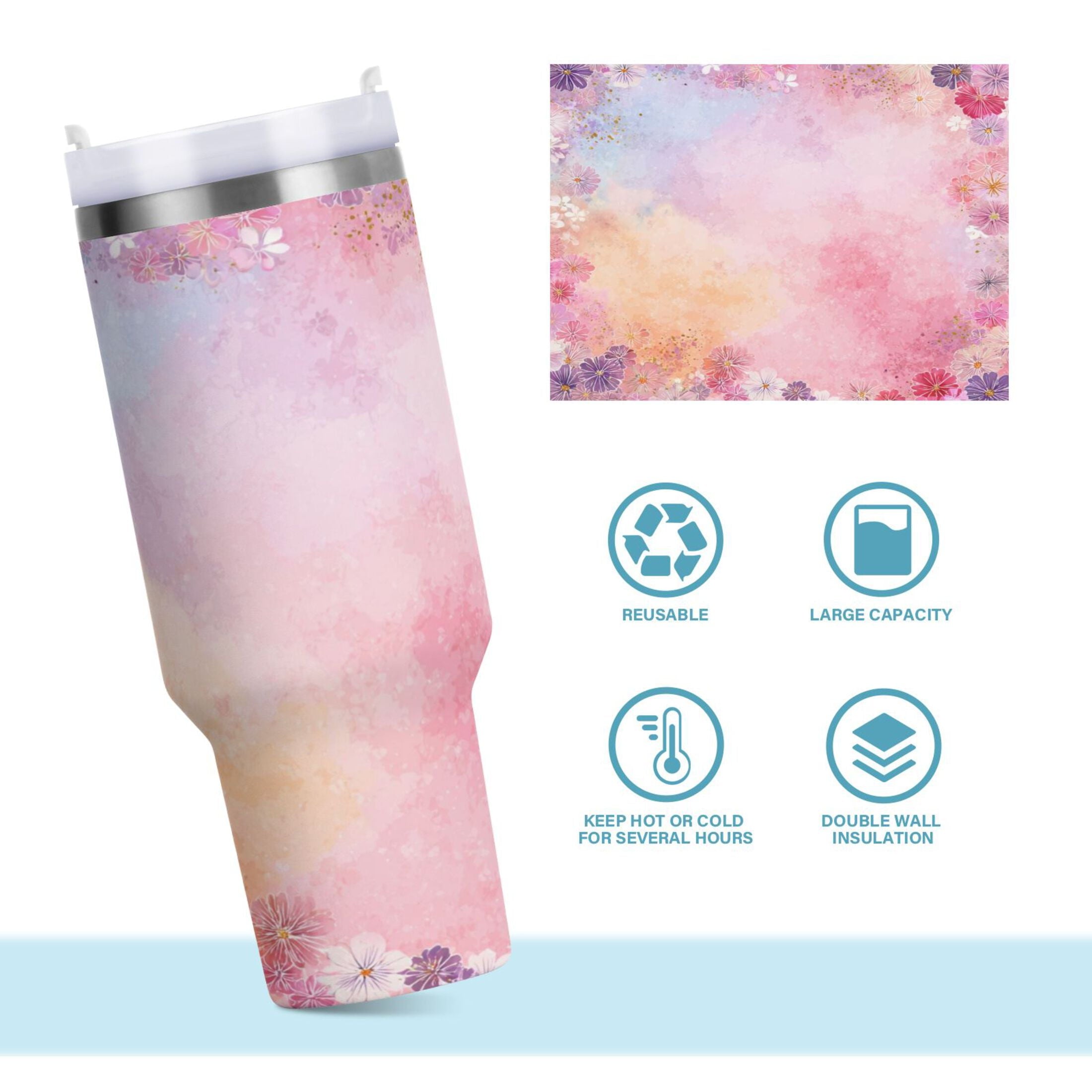 30 oz Insulated Stainless Steel Tumbler Double Wall Stainless Steel Tumbler with 2-Way Drinking Colorful Pastel Floral Pattern