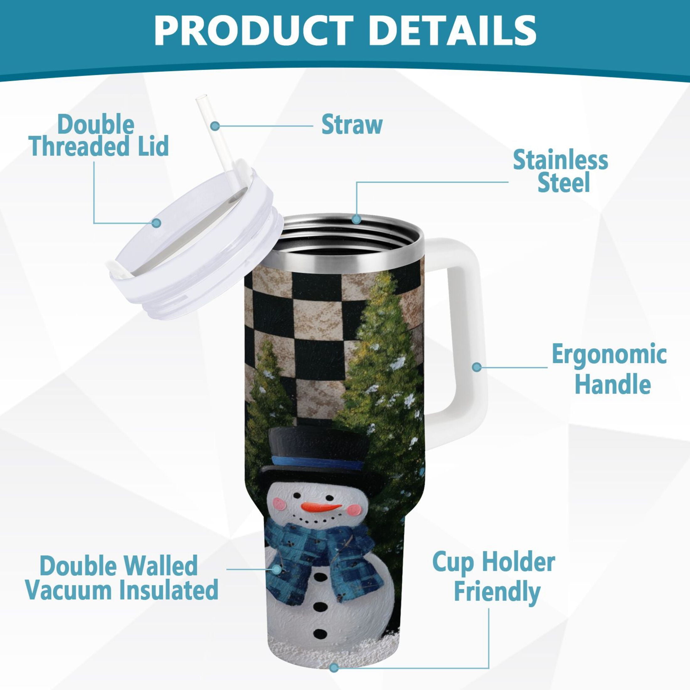 30 oz Insulated Stainless Steel Tumbler Double Wall Stainless Steel Tumbler with 2-Way Drinking Two Snowmen Pattern