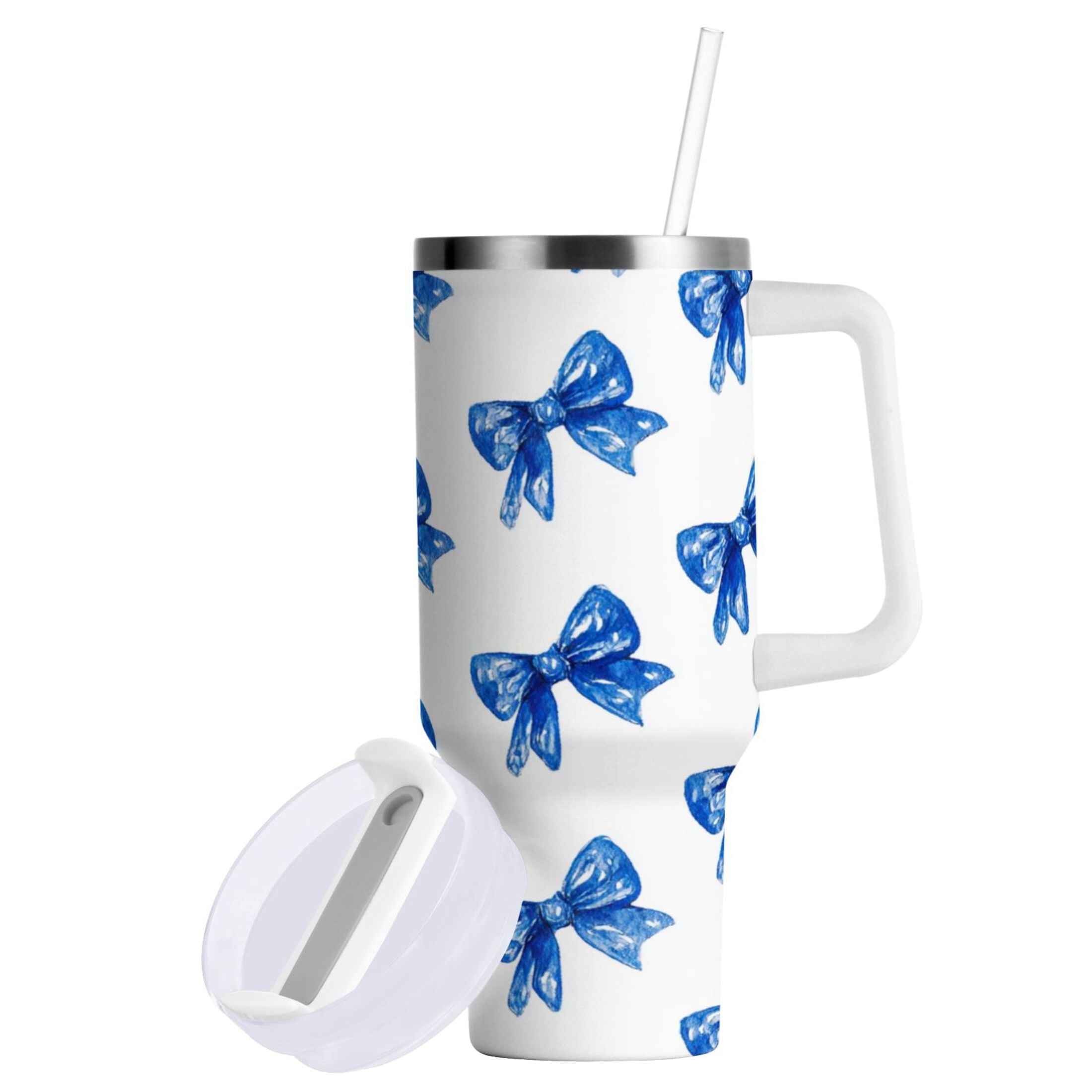 30 oz Insulated Stainless Steel Tumbler Double Wall Stainless Steel Tumbler with 2-Way Drinking Blue Bows Pattern