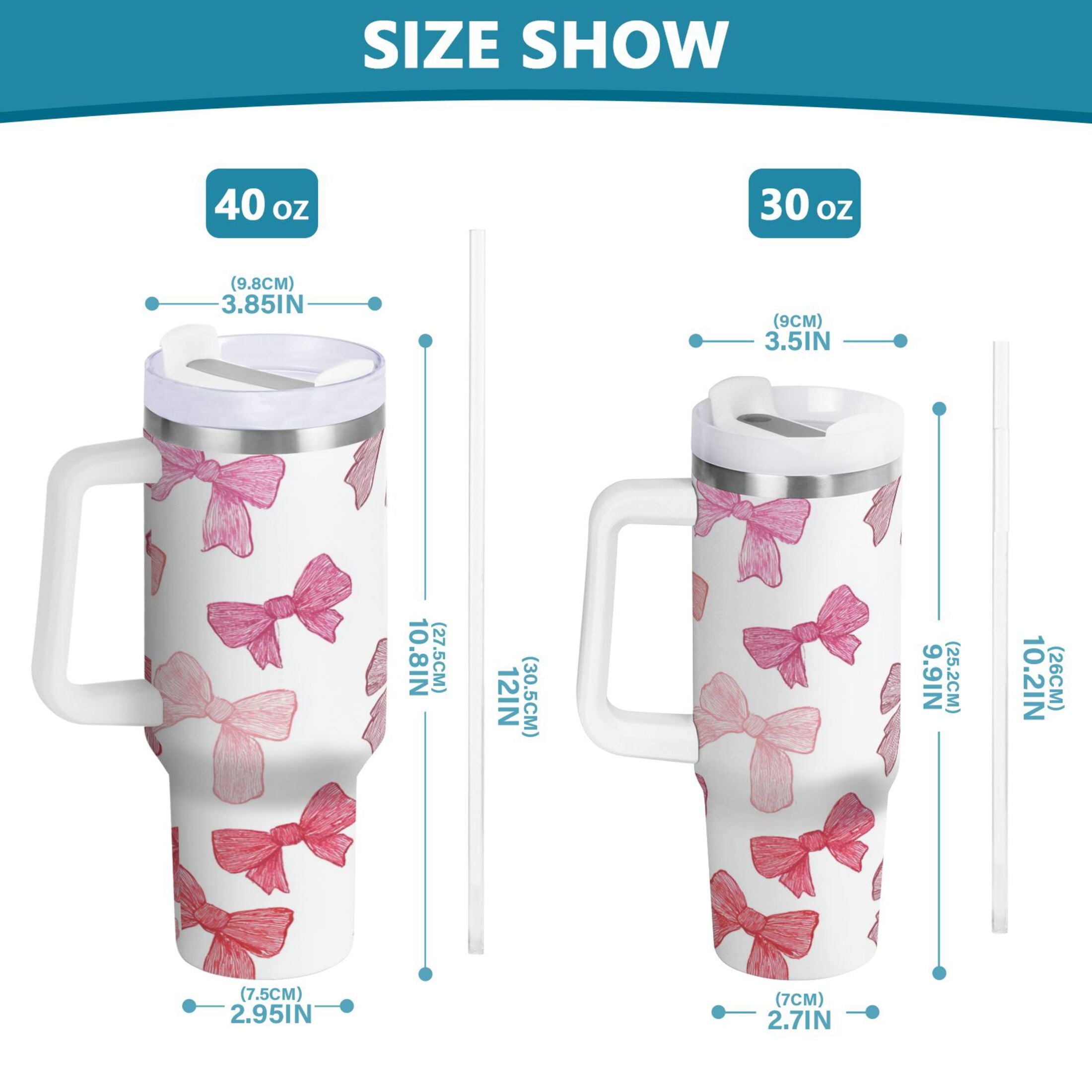 40 oz Insulated Stainless Steel Tumbler Double Wall Stainless Steel Tumbler with 2-Way Drinking Pink Bows Pattern