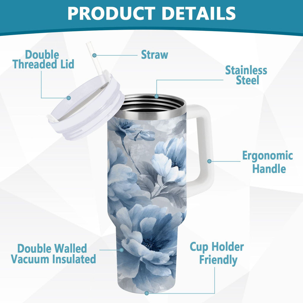 40 oz Insulated Stainless Steel Tumbler Double Wall Stainless Steel Tumbler with 2-Way Drinking White Floral Pattern