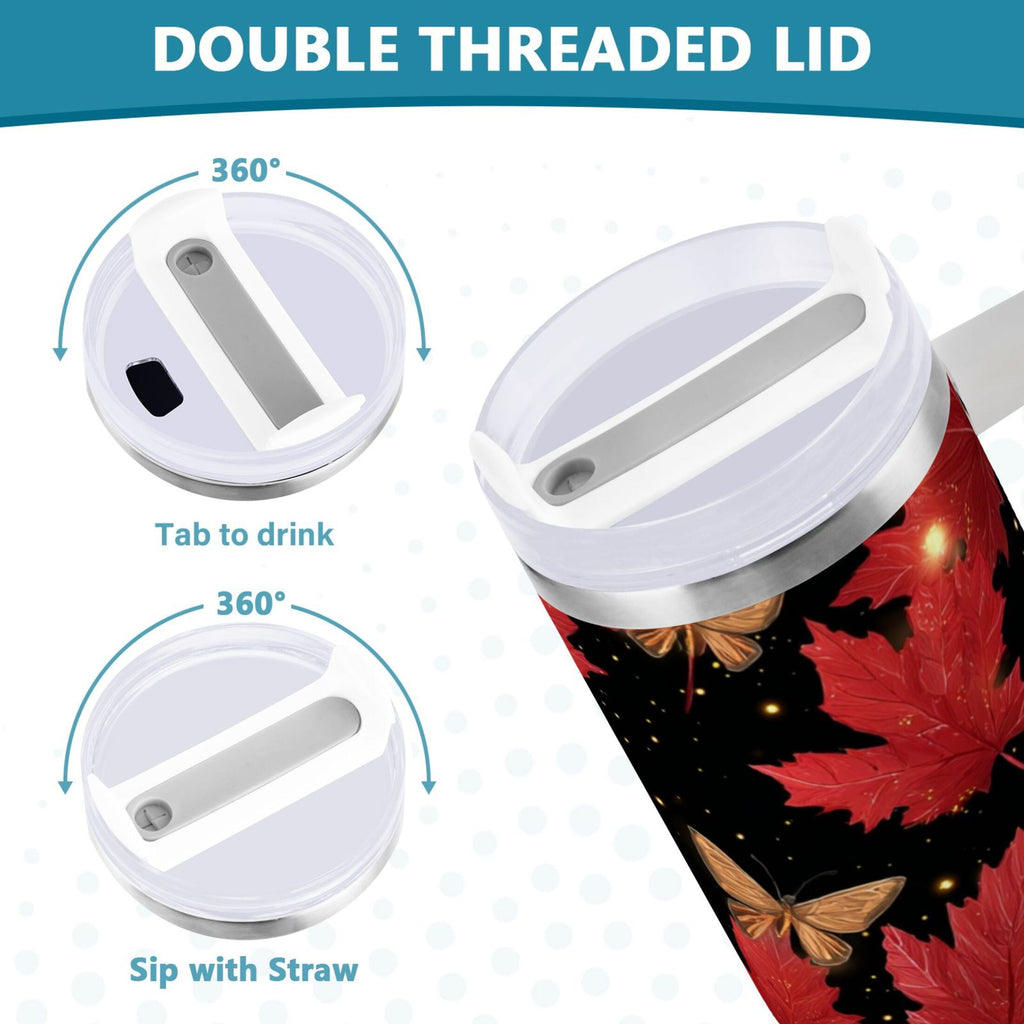 40 oz Insulated Stainless Steel Tumbler Double Wall Stainless Steel Tumbler with 2-Way Drinking Maple Leaves and Fireflies