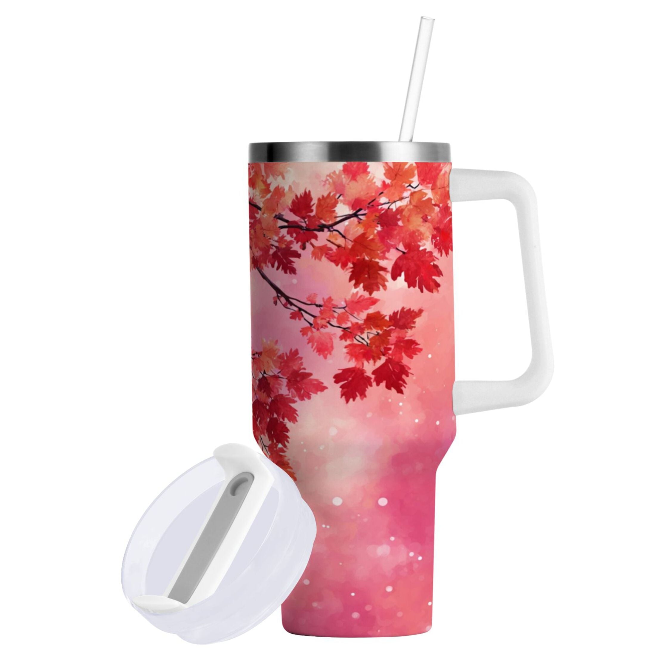 30 oz Insulated Stainless Steel Tumbler Double Wall Stainless Steel Tumbler with 2-Way Drinking Watercolor Red Maple Leaves