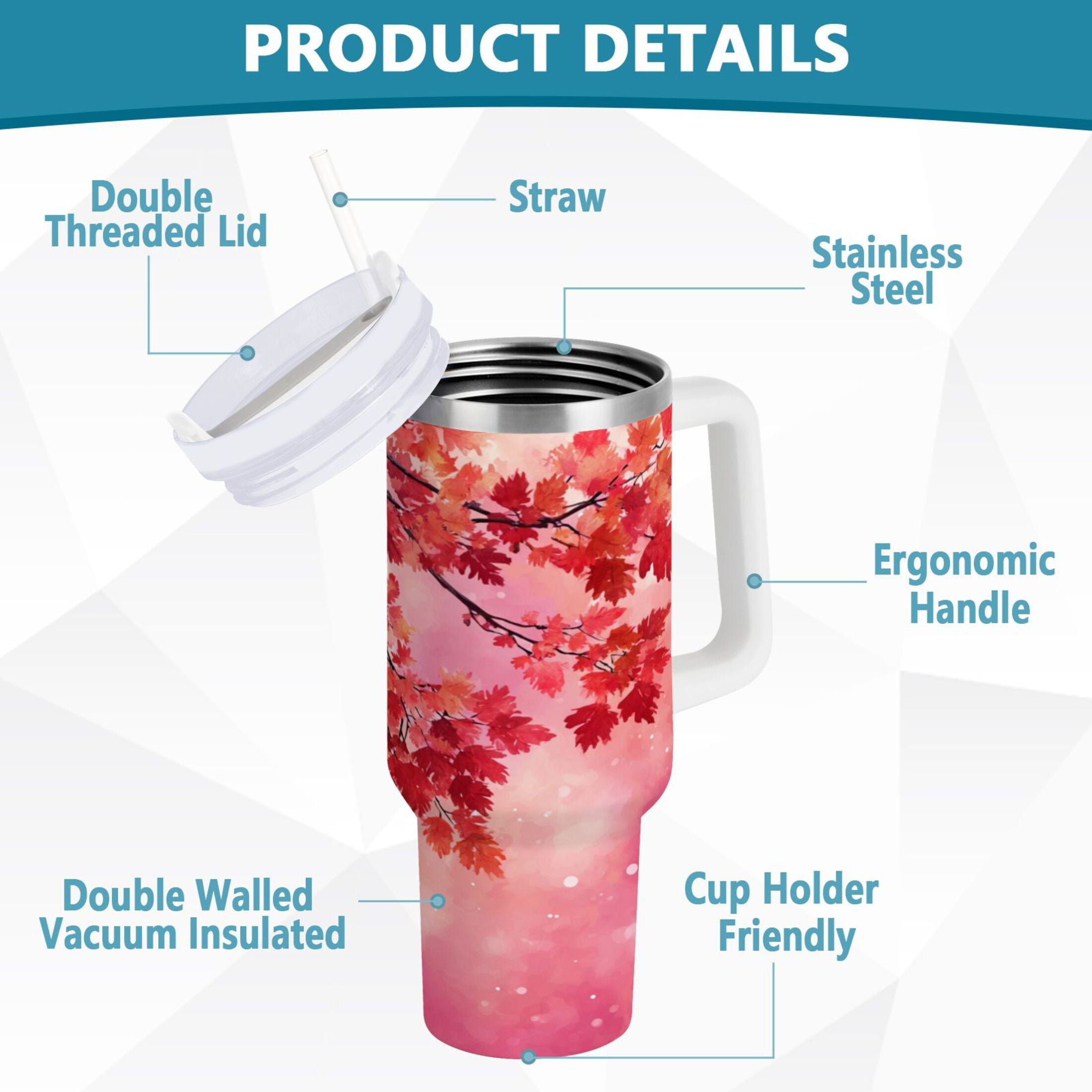 30 oz Insulated Stainless Steel Tumbler Double Wall Stainless Steel Tumbler with 2-Way Drinking Watercolor Red Maple Leaves