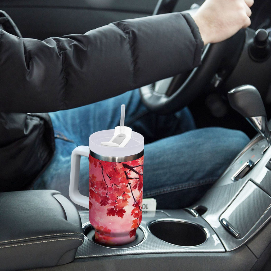 30 oz Insulated Stainless Steel Tumbler Double Wall Stainless Steel Tumbler with 2-Way Drinking Watercolor Red Maple Leaves