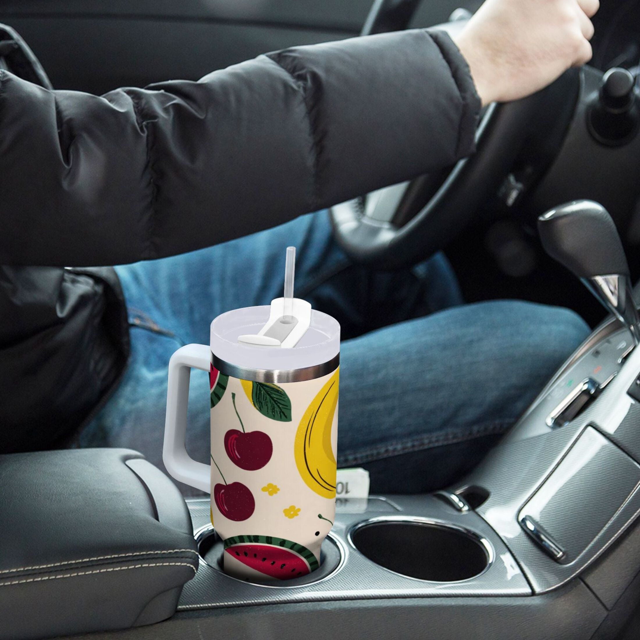 30 oz Insulated Stainless Steel Tumbler Double Wall Stainless Steel Tumbler with 2-Way Drinking Watermelon and Cherries