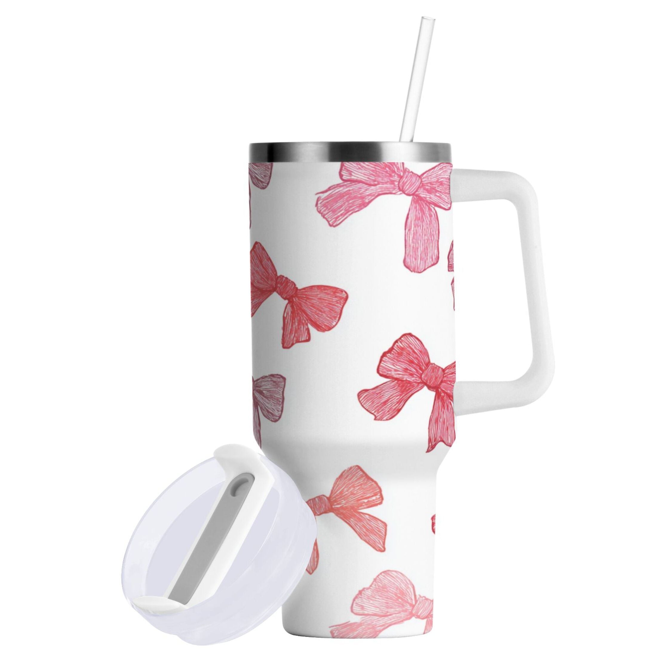 40 oz Insulated Stainless Steel Tumbler Double Wall Stainless Steel Tumbler with 2-Way Drinking Pink Bows Pattern