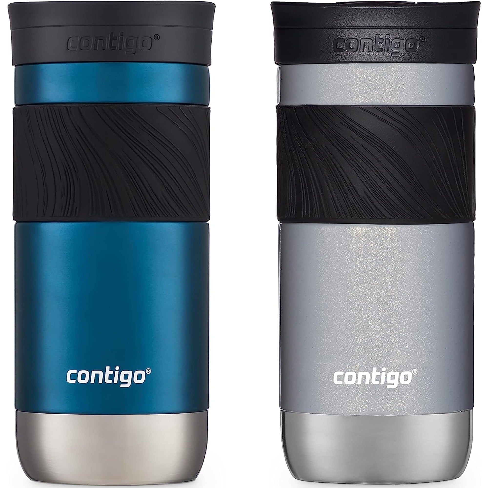Contigo SNAPSEAL Insulated Stainless Steel Travel Mug with Grip, 16 oz, Blueberry Transparent Satin &amp; Gold Morel, 2-Pack