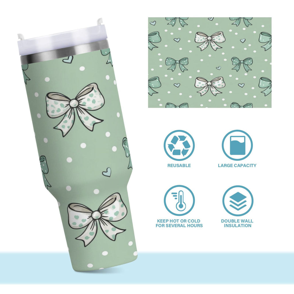 30 oz Insulated Stainless Steel Tumbler Double Wall Stainless Steel Tumbler with 2-Way Drinking Green and Mint Bows
