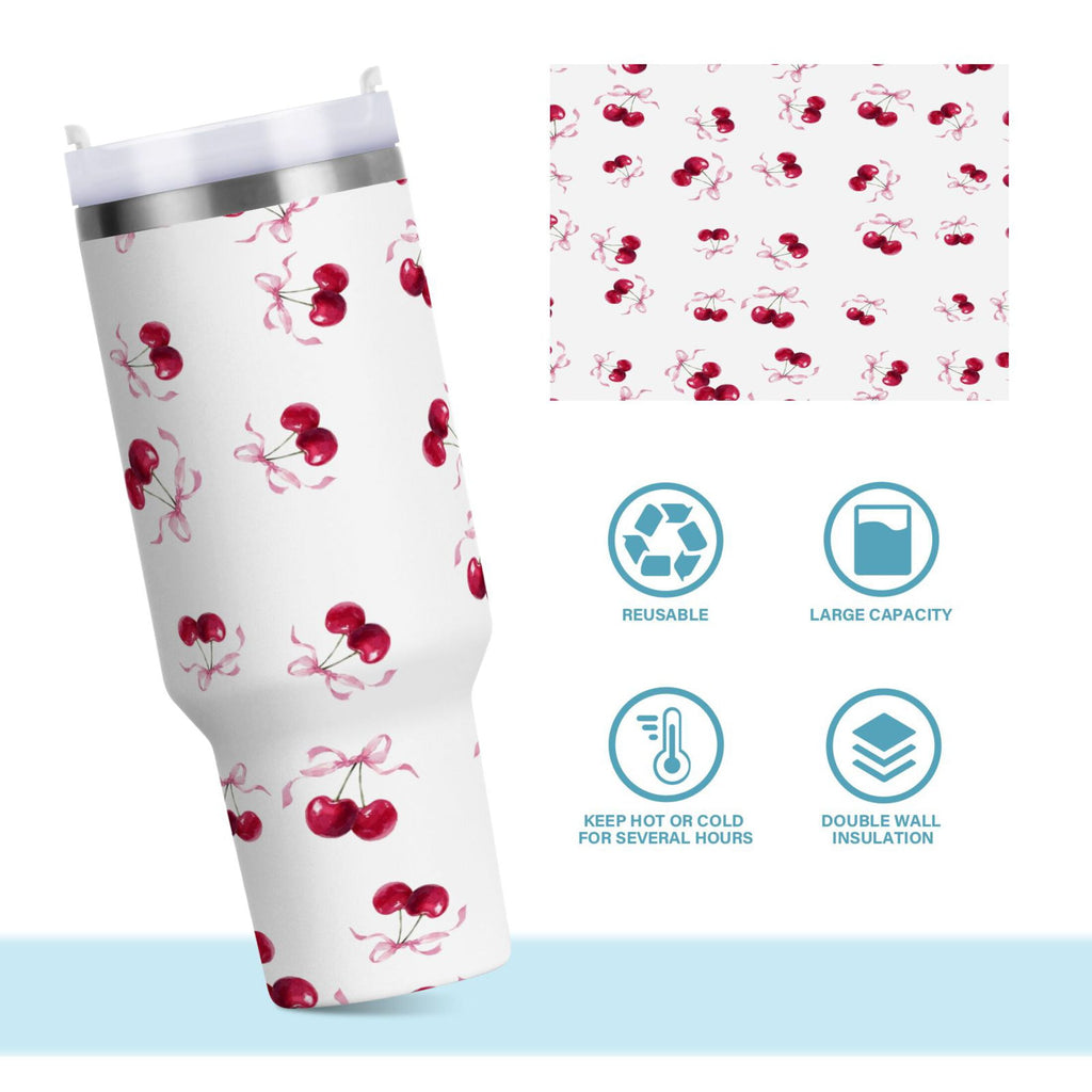 30 oz Insulated Stainless Steel Tumbler Double Wall Stainless Steel Tumbler with 2-Way Drinking Watercolor Cherries Pattern