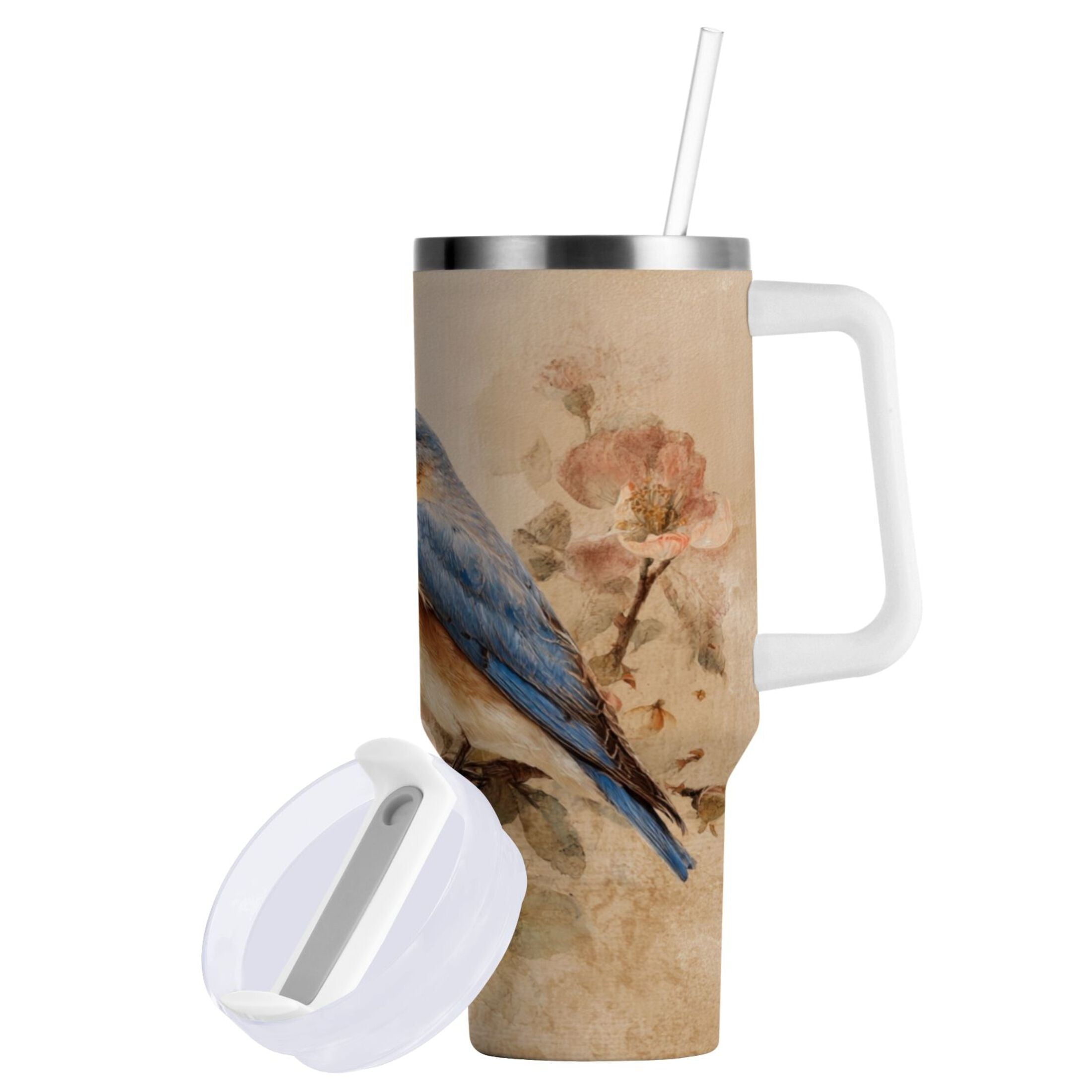 40 oz Insulated Stainless Steel Tumbler Double Wall Stainless Steel Tumbler with 2-Way Drinking Bluebird and Ancient Flowers