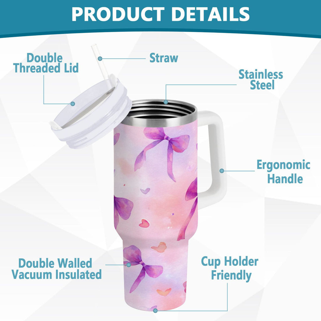 30 oz Insulated Stainless Steel Tumbler Double Wall Stainless Steel Tumbler with 2-Way Drinking Watercolor Purple Bows