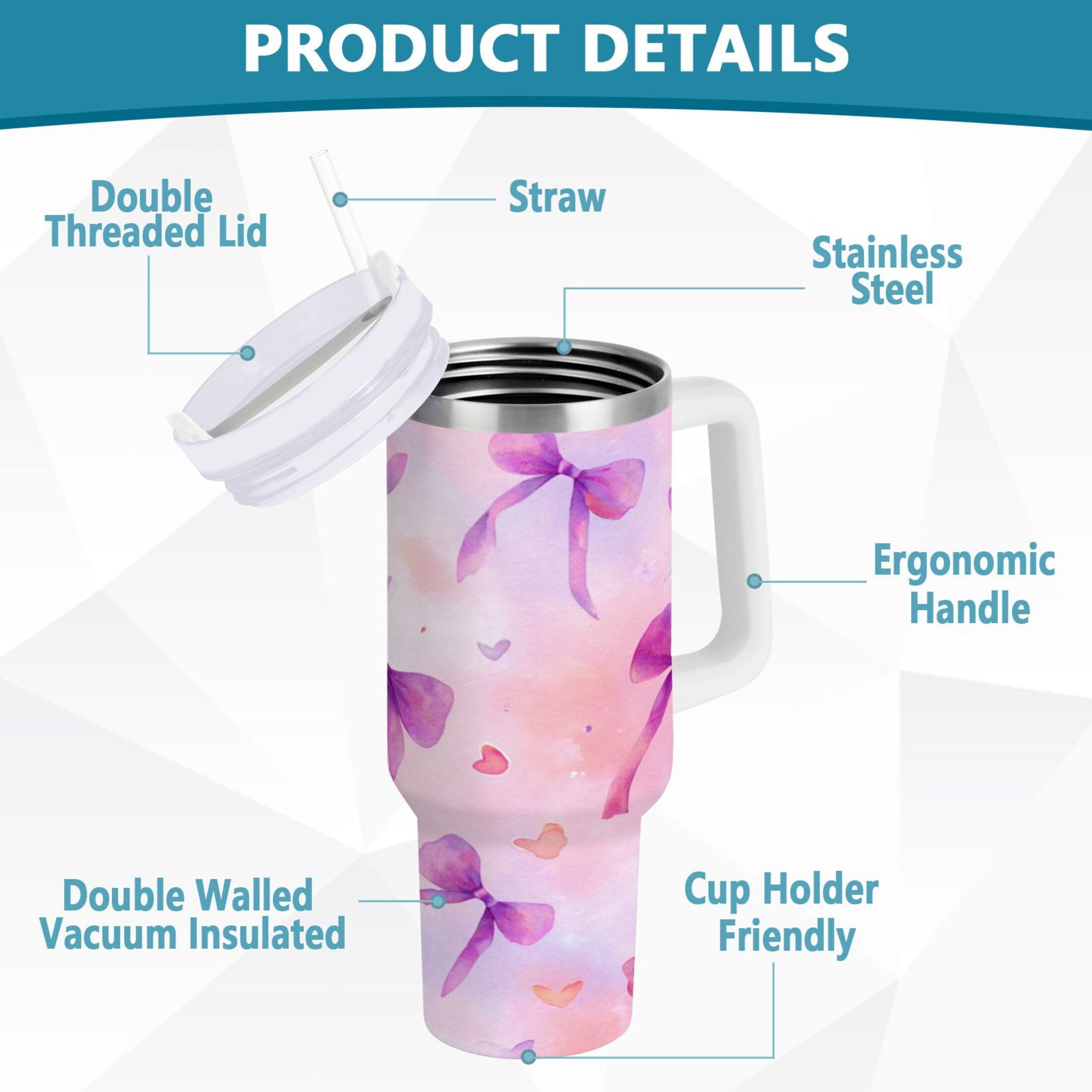 30 oz Insulated Stainless Steel Tumbler Double Wall Stainless Steel Tumbler with 2-Way Drinking Watercolor Purple Bows