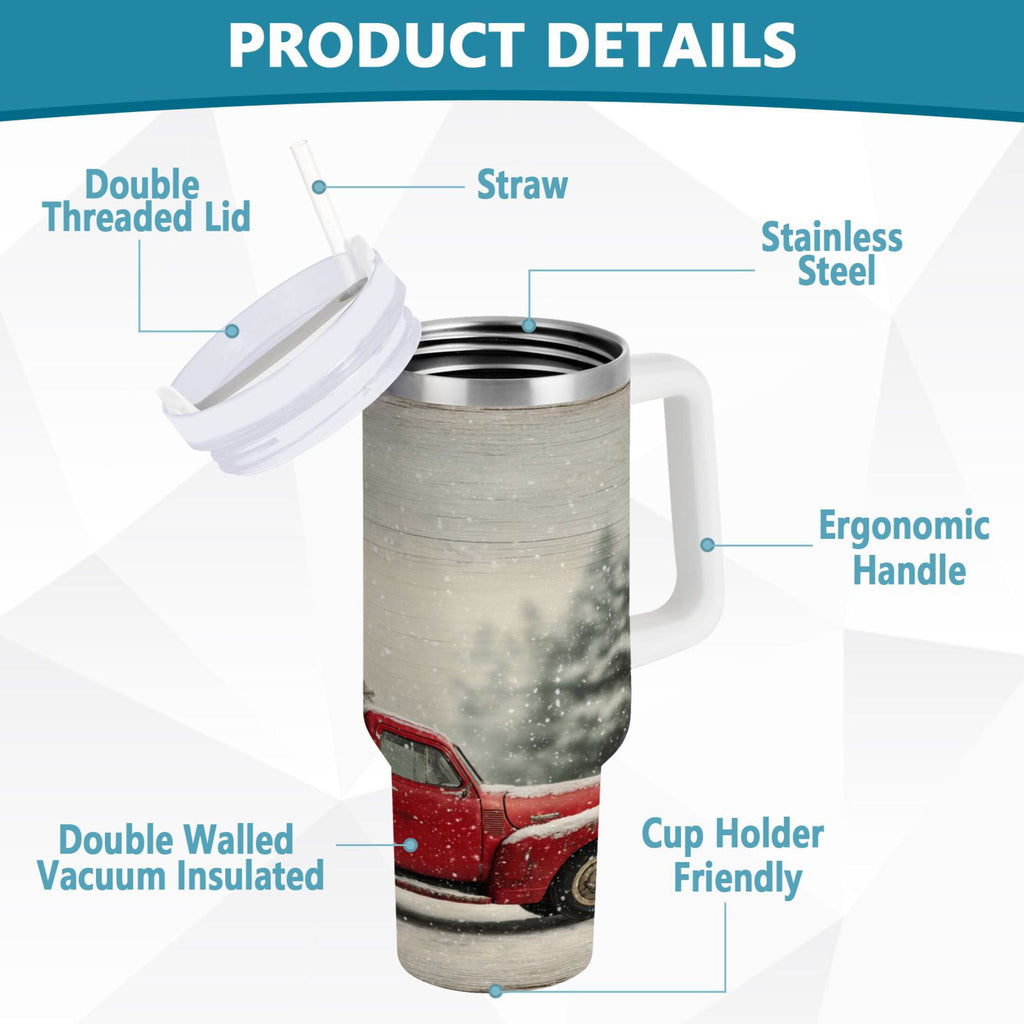 40 oz Insulated Stainless Steel Tumbler Double Wall Stainless Steel Tumbler with 2-Way Drinking Vintage Red Truck