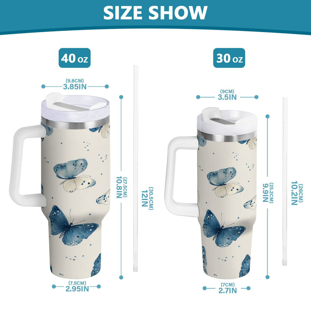 30 oz Insulated Stainless Steel Tumbler Double Wall Stainless Steel Tumbler with 2-Way Drinking Blue Watercolor Butterflies