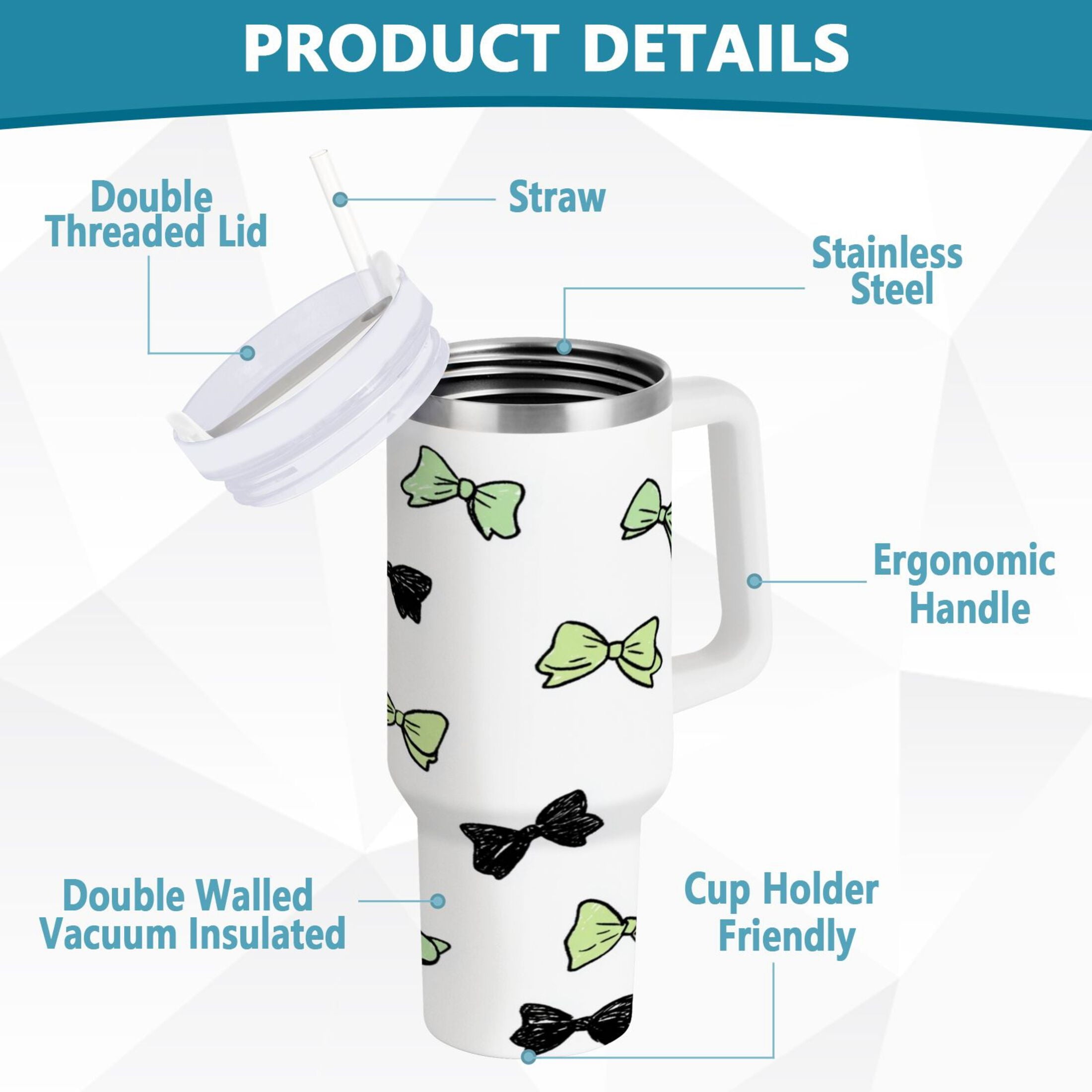 40 oz Insulated Stainless Steel Tumbler Double Wall Stainless Steel Tumbler with 2-Way Drinking Green and Black Bows