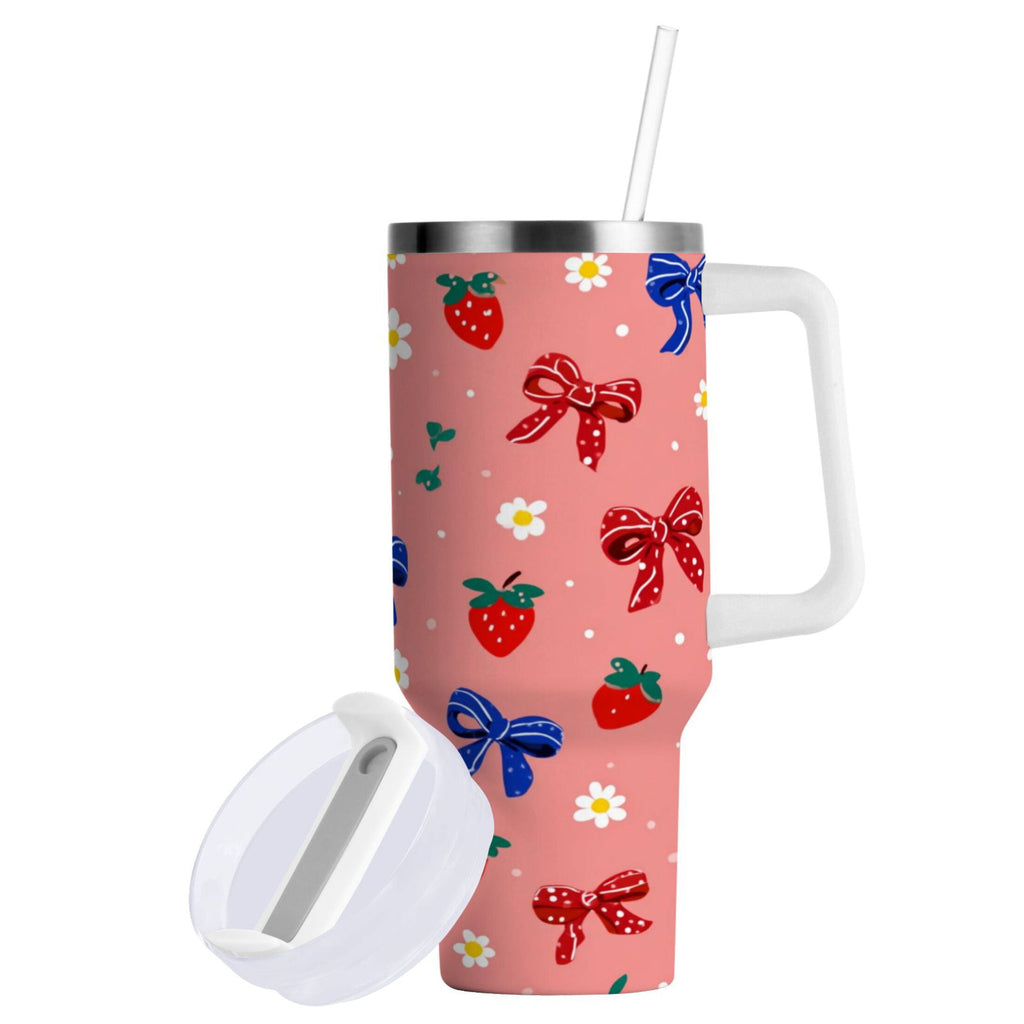 40 oz Insulated Stainless Steel Tumbler Double Wall Stainless Steel Tumbler with 2-Way Drinking Bows and Strawberries Pattern