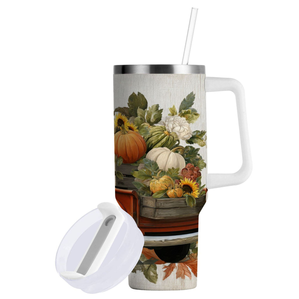 40 oz Insulated Stainless Steel Tumbler Double Wall Stainless Steel Tumbler with 2-Way Drinking Truck Full Of Pumpkins