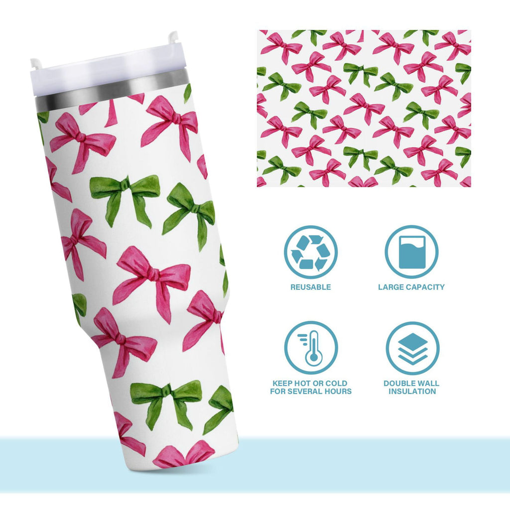 30 oz Insulated Stainless Steel Tumbler Double Wall Stainless Steel Tumbler with 2-Way Drinking Pink Bows and Green Ribbons