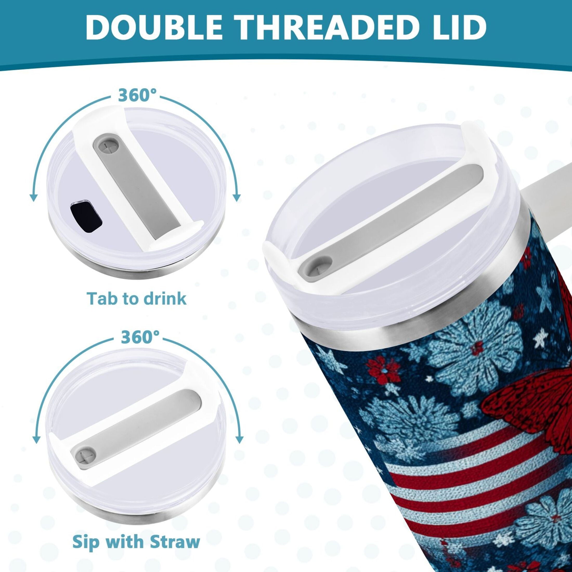 30 oz Insulated Stainless Steel Tumbler Double Wall Stainless Steel Tumbler with 2-Way Drinking Red Butterflies and Flags