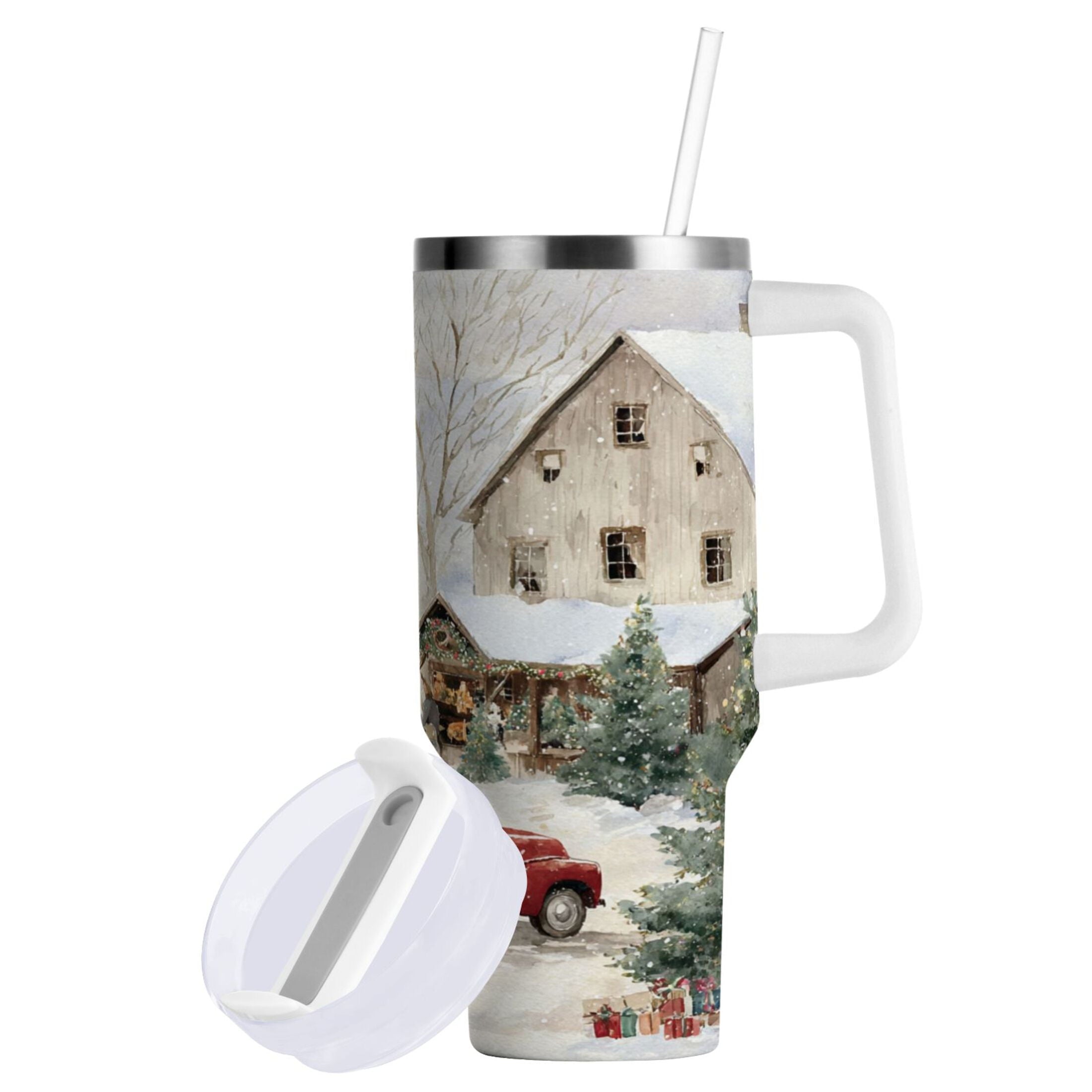 40 oz Insulated Stainless Steel Tumbler Double Wall Stainless Steel Tumbler with 2-Way Drinking Farm Snow Scene