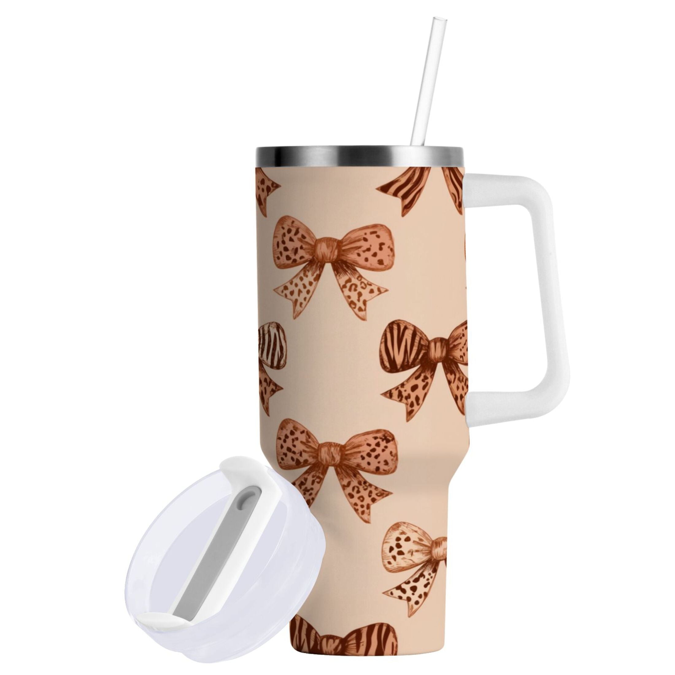 40 oz Insulated Stainless Steel Tumbler Double Wall Stainless Steel Tumbler with 2-Way Drinking Leopard Print Bow
