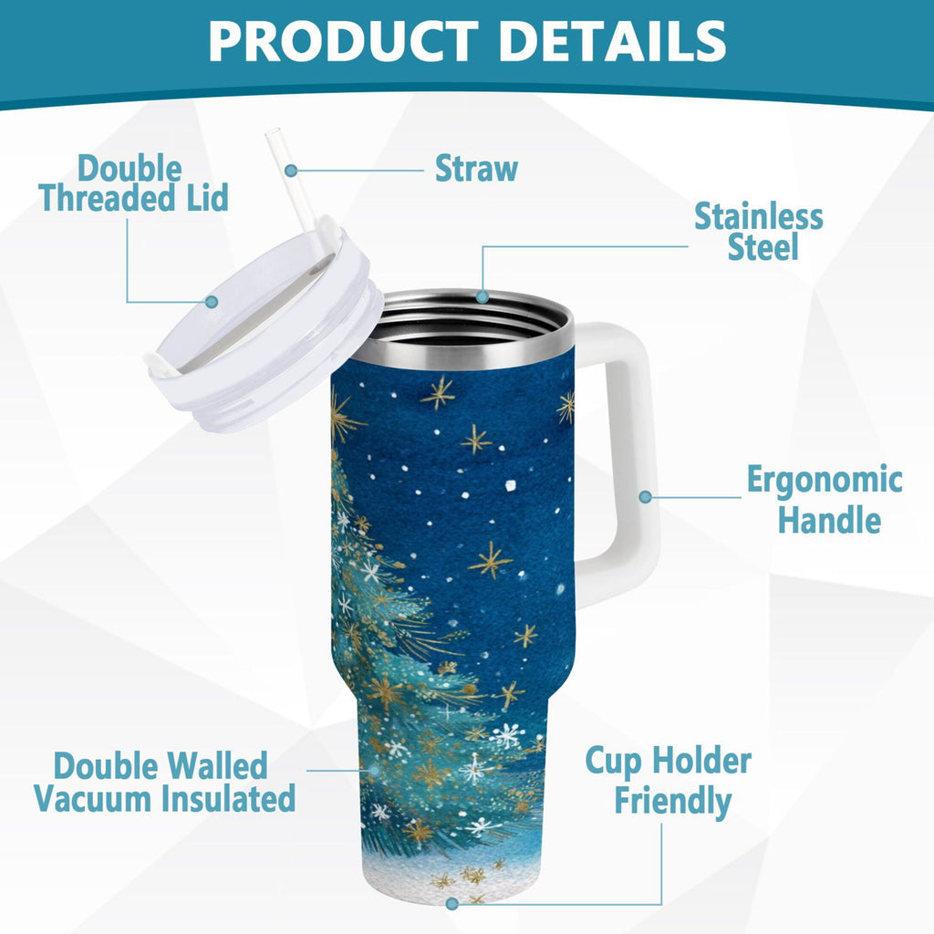 40 oz Insulated Stainless Steel Tumbler Double Wall Stainless Steel Tumbler with 2-Way Drinking Watercolor Christmas Tree