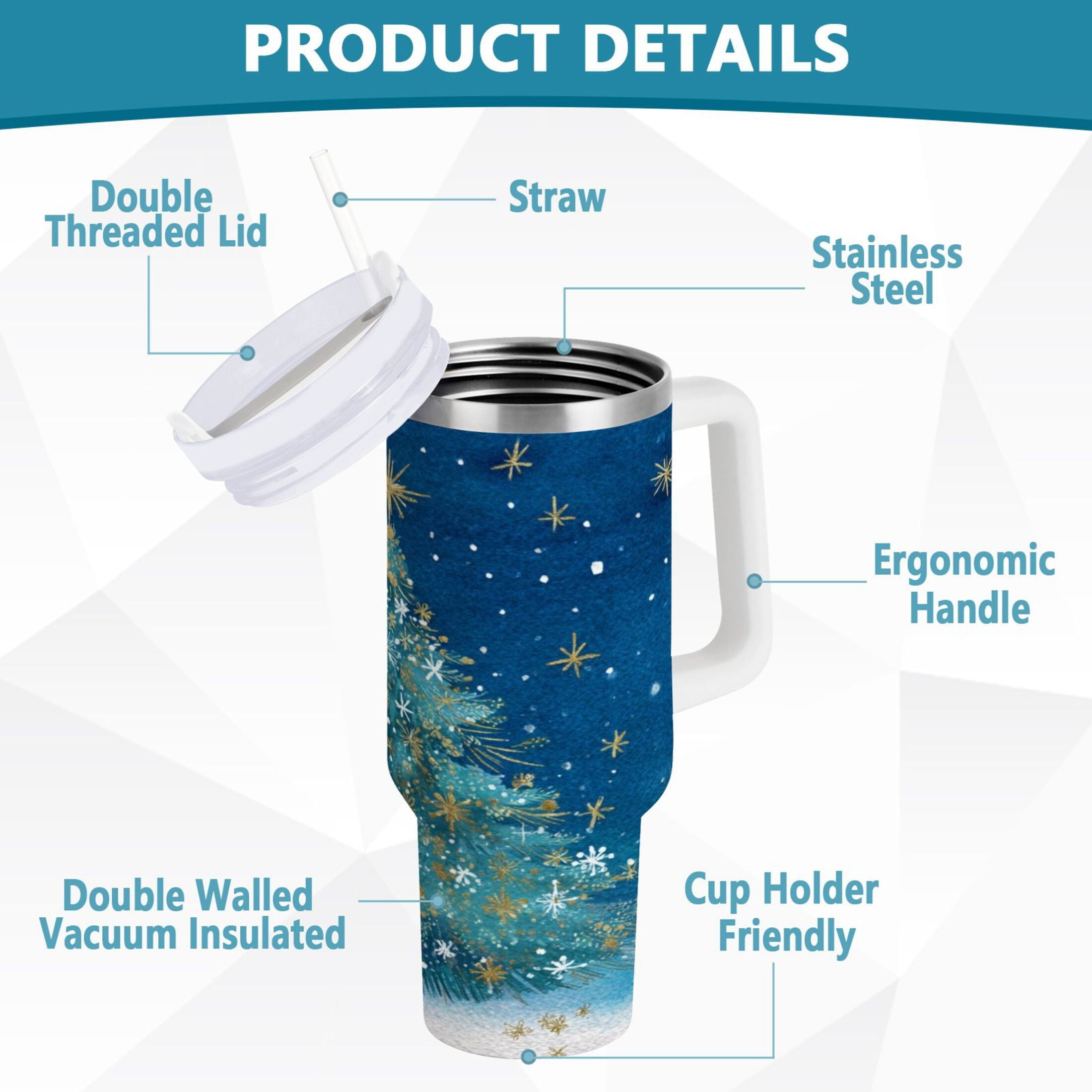 40 oz Insulated Stainless Steel Tumbler Double Wall Stainless Steel Tumbler with 2-Way Drinking Watercolor Christmas Tree