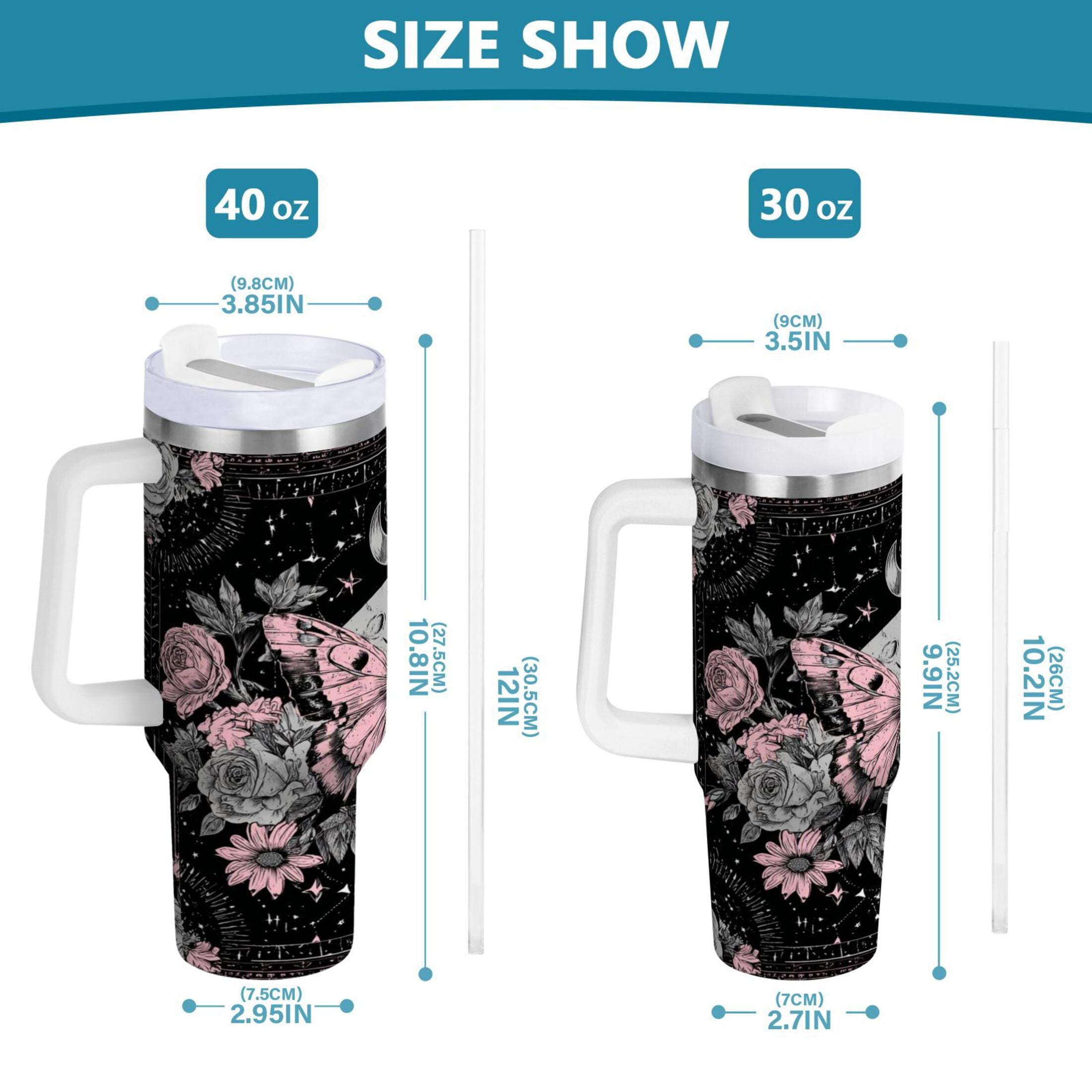 30 oz Insulated Stainless Steel Tumbler Double Wall Stainless Steel Tumbler with 2-Way Drinking Butterfly by Moon and Flowers