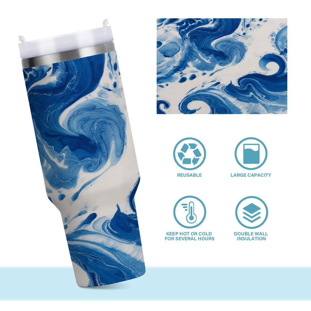 40 oz Insulated Stainless Steel Tumbler Double Wall Stainless Steel Tumbler with 2-Way Drinking Indigo Blue Tie-dye Pattern
