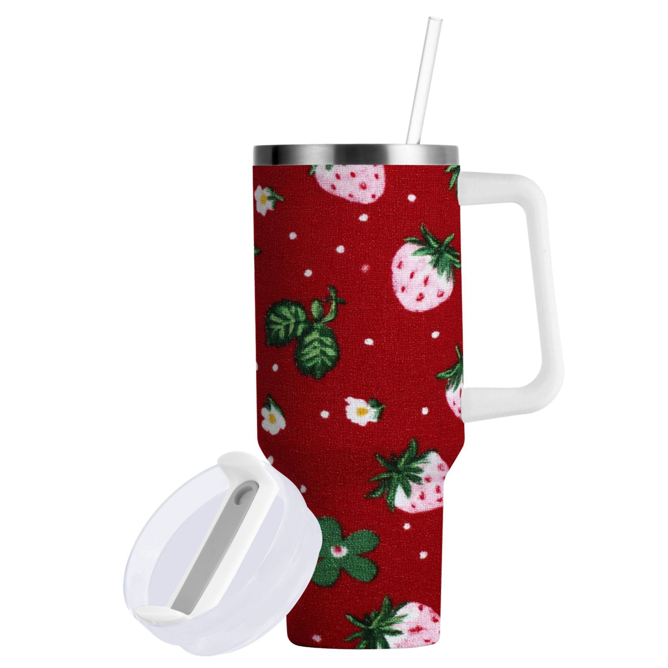 30 oz Insulated Stainless Steel Tumbler Double Wall Stainless Steel Tumbler with 2-Way Drinking Cute Pink Strawberry Pattern