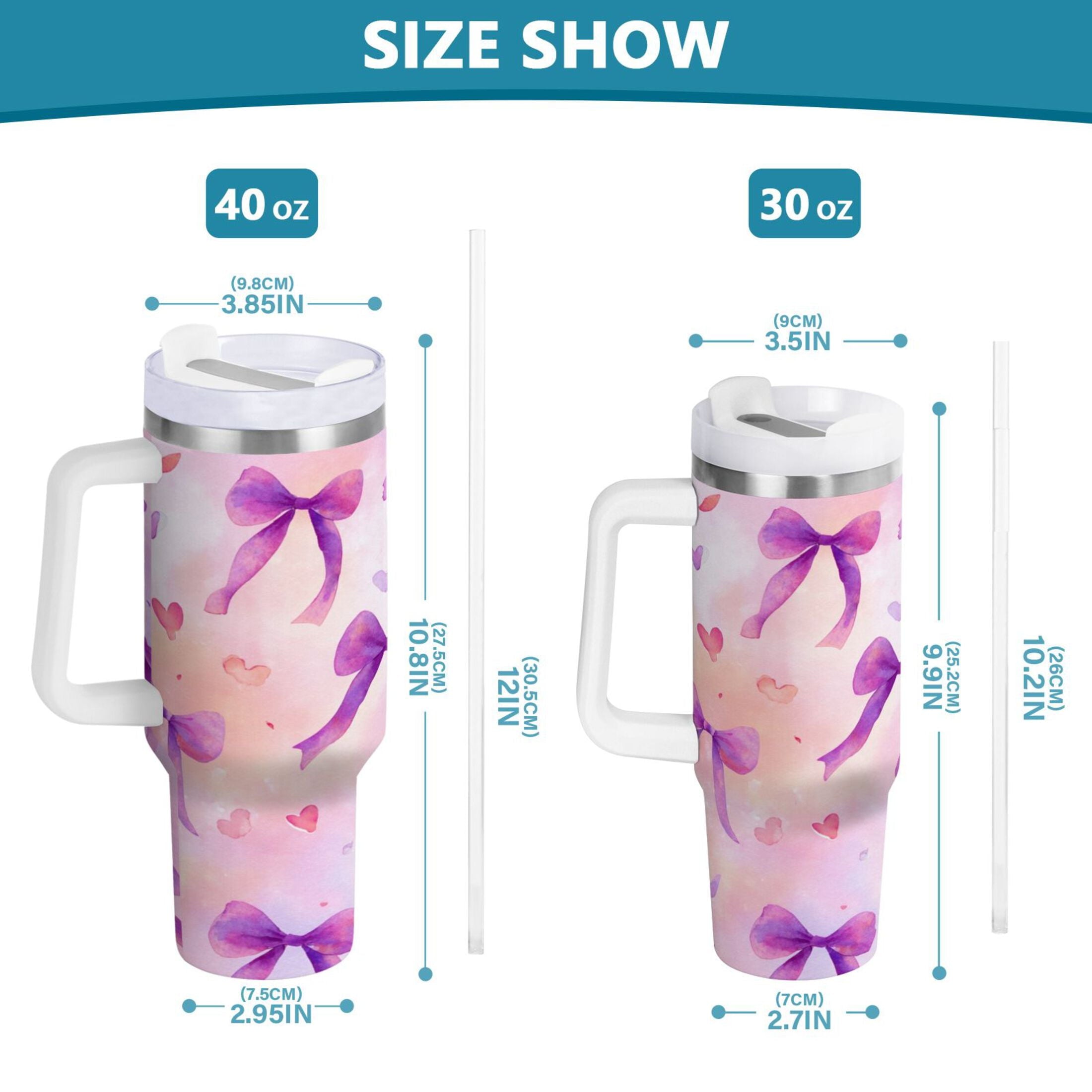 30 oz Insulated Stainless Steel Tumbler Double Wall Stainless Steel Tumbler with 2-Way Drinking Watercolor Purple Bows