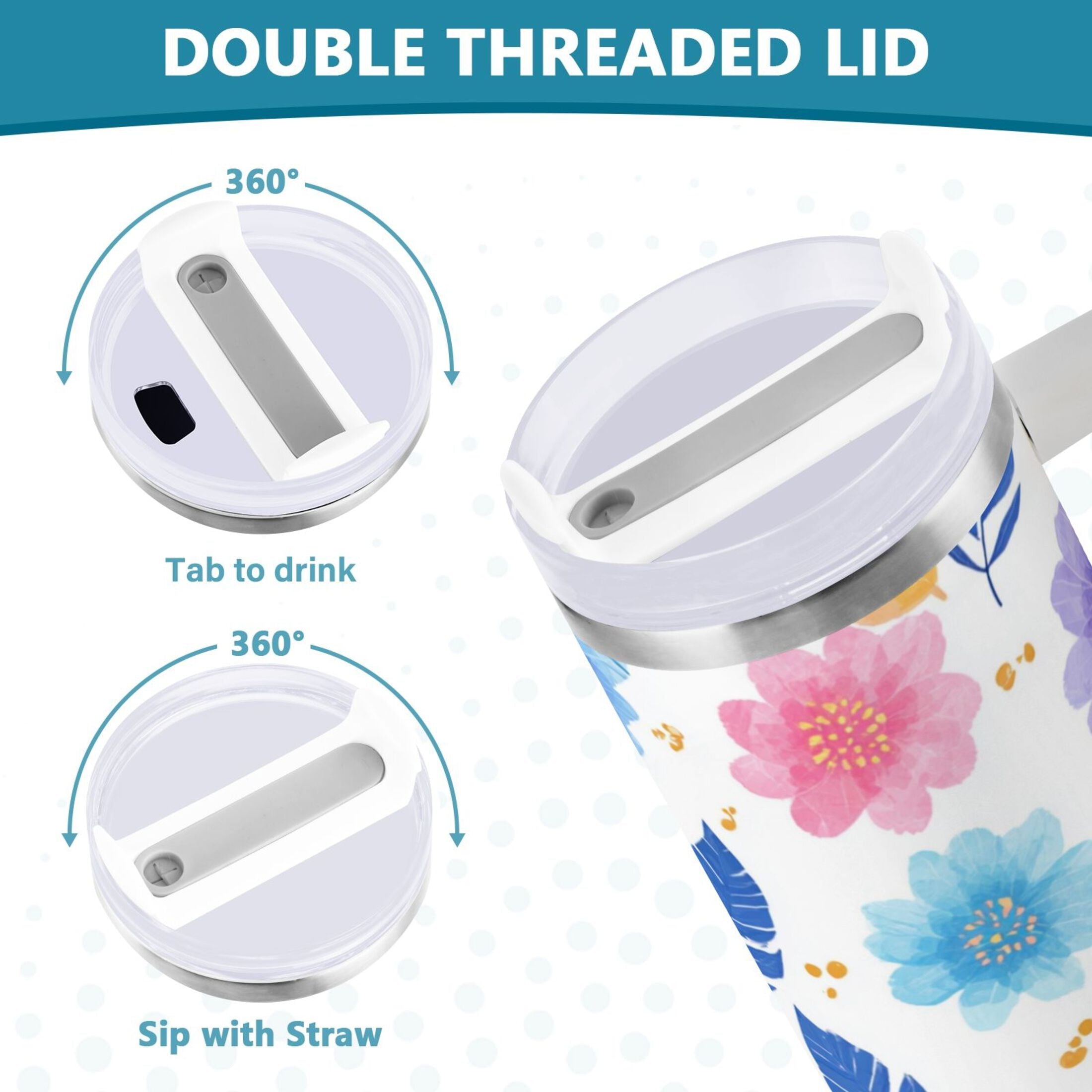 30 oz Insulated Stainless Steel Tumbler Double Wall Stainless Steel Tumbler with 2-Way Drinking Blue and Purple Flowers