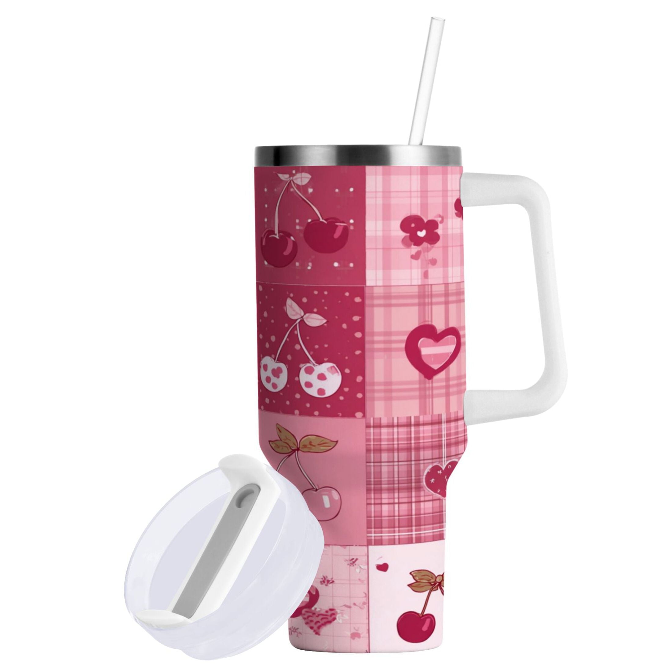 30 oz Insulated Stainless Steel Tumbler Double Wall Stainless Steel Tumbler with 2-Way Drinking Cherry Pattern with Bows