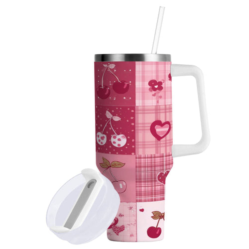30 oz Insulated Stainless Steel Tumbler Double Wall Stainless Steel Tumbler with 2-Way Drinking Cherry Pattern with Bows